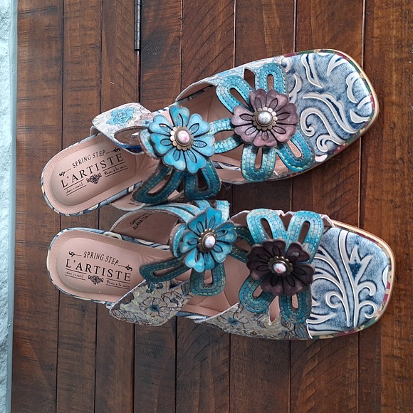 Nwot Lartiste Spring Step Blue Floral Leather Open Toe Heel Sandal Size 9 - Picture 3 of 8